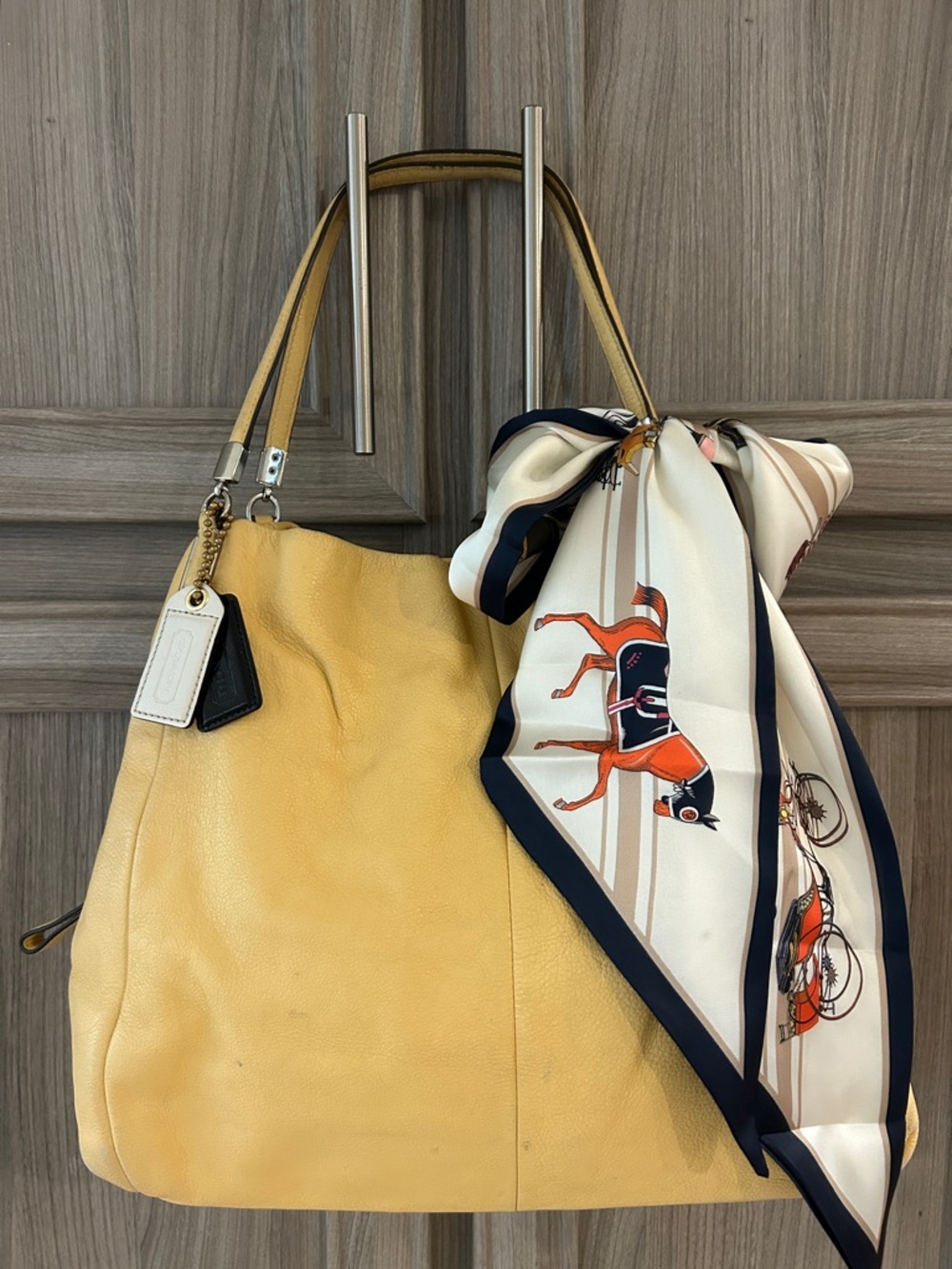 Coach Madison Phoebe Butter Yellow leather handbag w/horse printed silk scarf